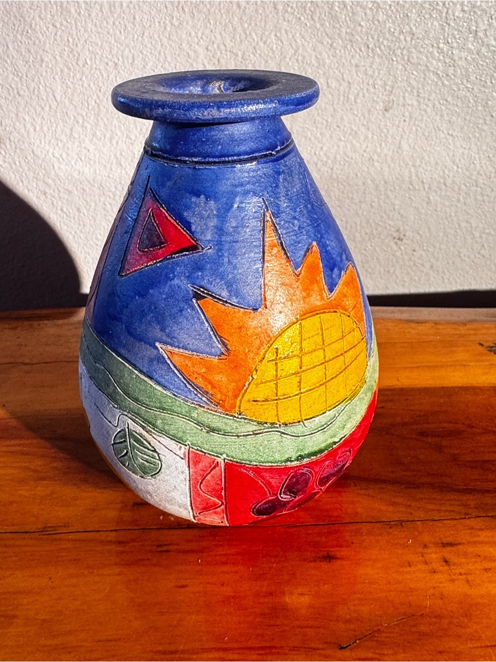 Signed Studio Pottery Vase Hand Painted Abstract Folk Art Southwestern Ceramic